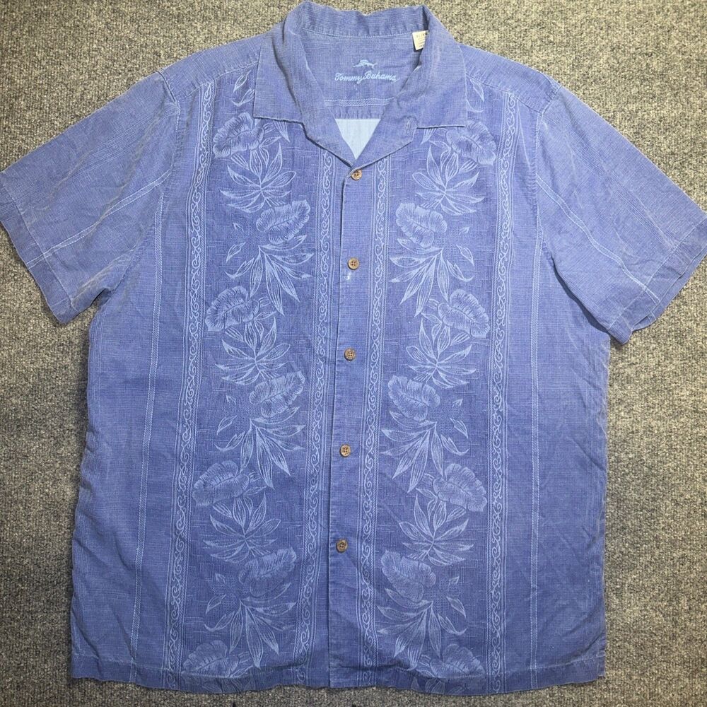 Tommy Bahama Shirt Mens L Large Blue Silk Floral Jacquard Tropical Button Front